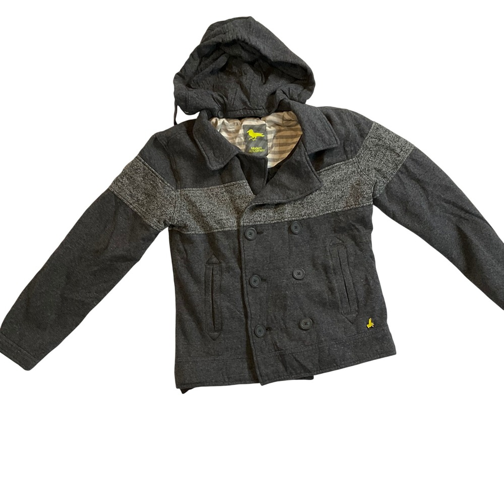 Modern Amusement Pea Coat Jacket Gray Hooded Double Breasted Small‎